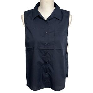 Ellen Tracy Navy Blue Sleeveless Pleated Back Button Down Collared Top NWT